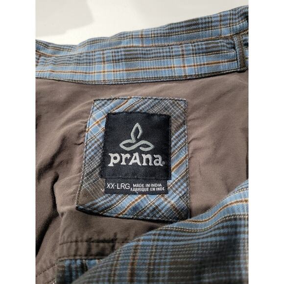 Prana Mens SZ XX Large Button Up Shirt FLAWED Plaid Brown Blue Long Sleeve - Picture 7 of 12